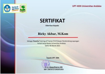 Sertifikat TOT DPL KKN Unand 2021 Document Repository Universitas Andalas